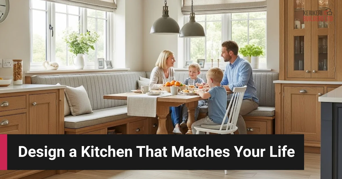 Family enjoying breakfast in a custom-built kitchen with built-in bench seating.