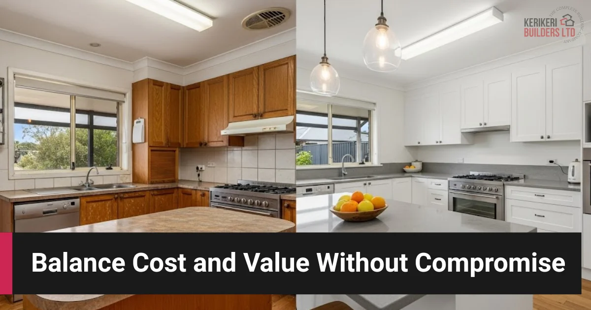 Side-by-side comparison of old wooden kitchen and modern white renovation.
