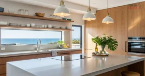 Modern kitchen with ocean view, wooden cabinets, and pendant lighting.